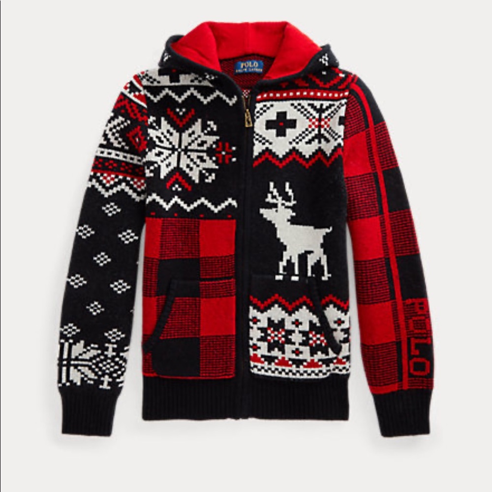 Polo Ralph Lauren Boys Patchwork Wool-Blend Full-Zip Sweater Size M (10-12)